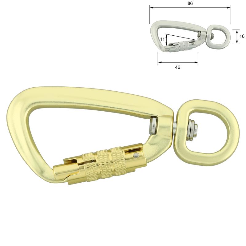 Aluminium karabijnhaak met twistlock 16mm goud