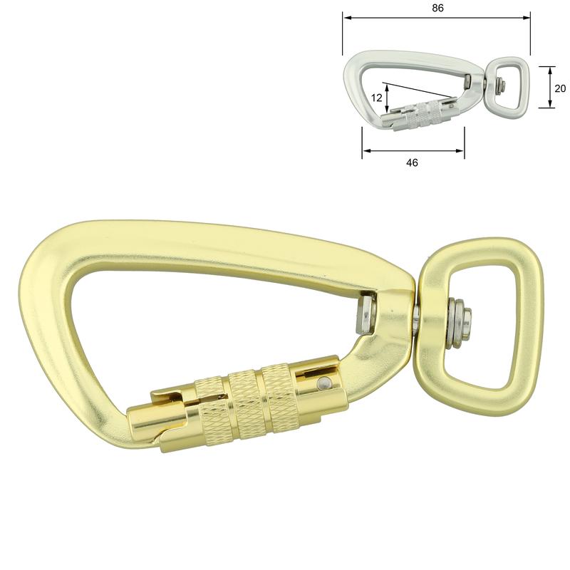 Aluminium karabijnhaak met twistlock 20mm Goud